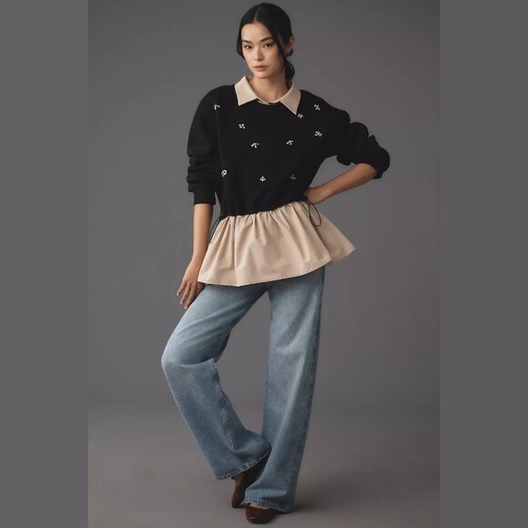 NEW Maeve Sizes L, XL Women's Embellished Twofer Pullover - Black - Picture 3 of 4